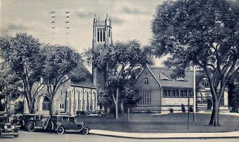 Bethany Congregational Church shortly after completion of building in the late 1920's prior to the addition of the iconic gargoyles [technically, they are called grotesques because they do not function as rain spouts] on the bell tower.  The Thomas Crane Public Library is also shown on the right